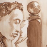 watercolor painting of a girl with a radio